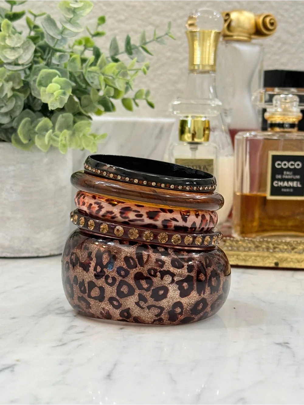 Vintage Lucite and Metal Leopard Print Decorative Bangles